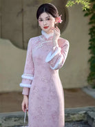 Winter retro Chinese style cheongsam in blush pink with plush trim and bamboo texture