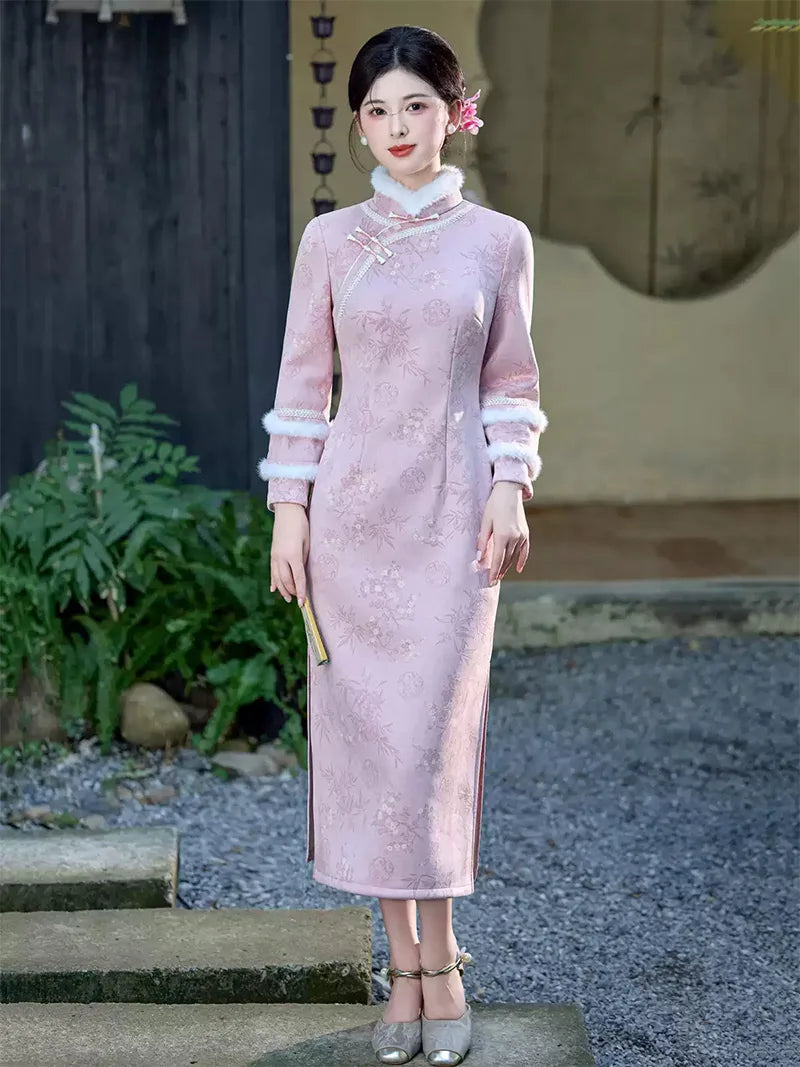 Winter retro Chinese style cheongsam in blush pink with plush trim and bamboo texture