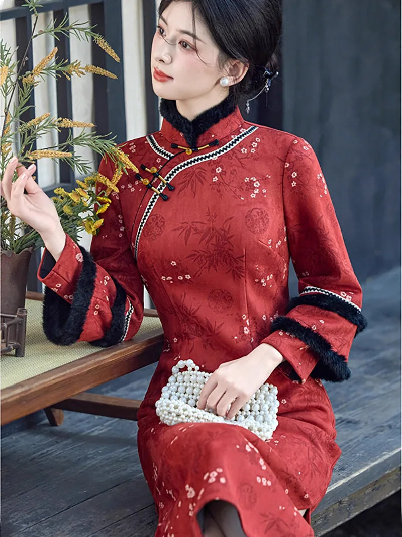 Winter retro Chinese style cheongsam in blush pink with plush trim and bamboo texture
