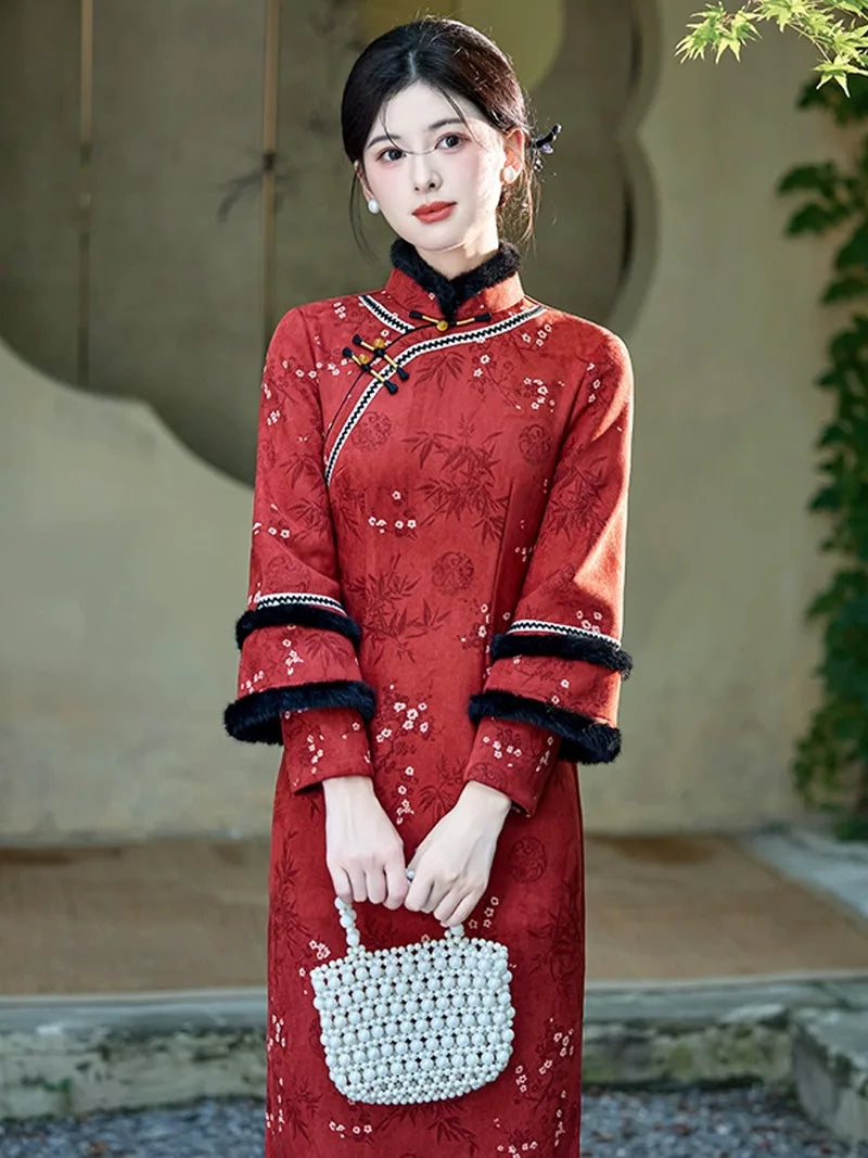 Winter retro Chinese style cheongsam in blush pink with plush trim and bamboo texture