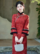Winter retro Chinese style cheongsam in blush pink with plush trim and bamboo texture