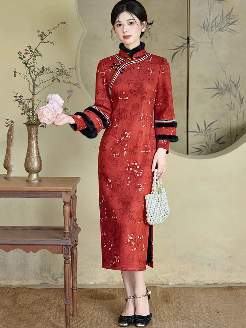 Winter retro Chinese style cheongsam in blush pink with plush trim and bamboo texture