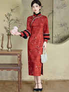 Winter retro Chinese style cheongsam in blush pink with plush trim and bamboo texture