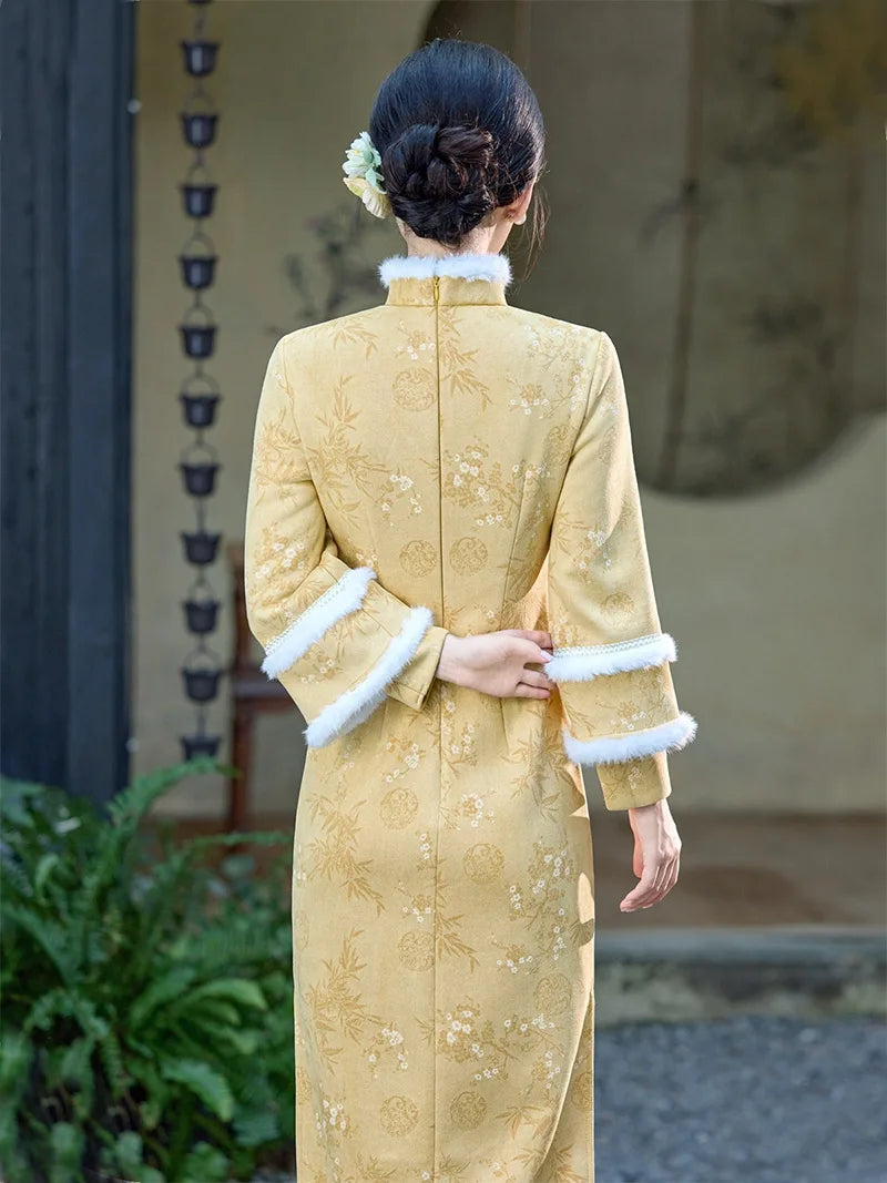 Winter retro Chinese style cheongsam in blush pink with plush trim and bamboo texture