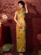 Yellow Cheongsam long dress with modern design and breathable fabric