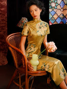Yellow Cheongsam long dress with modern design and breathable fabric