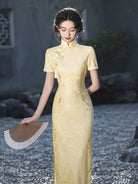 Yellow Qipao Dress with jacquard fabric and elegant slim fit design