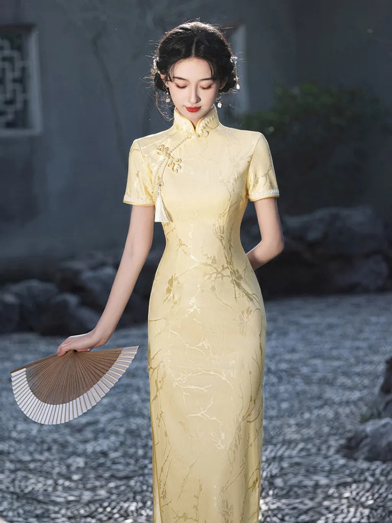 Yellow Qipao Dress with jacquard fabric and elegant slim fit design