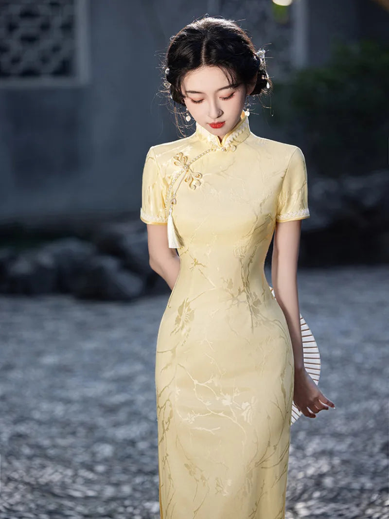 Yellow Qipao Dress with jacquard fabric and elegant slim fit design
