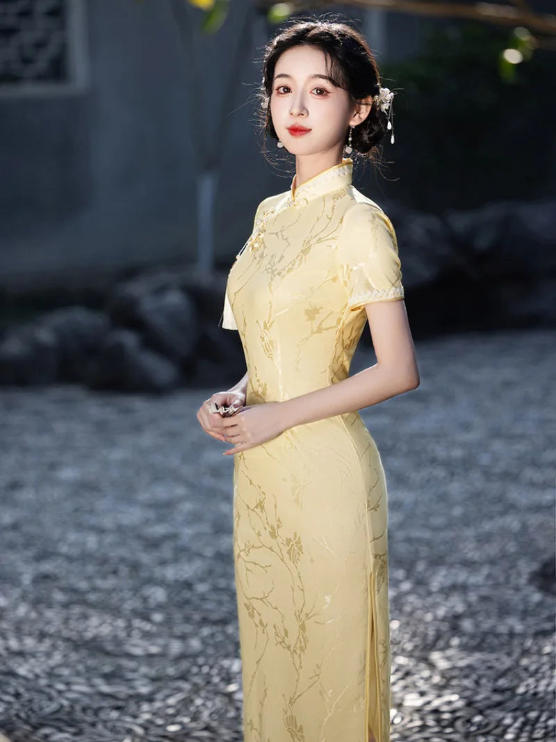 Yellow Qipao Dress with jacquard fabric and elegant slim fit design