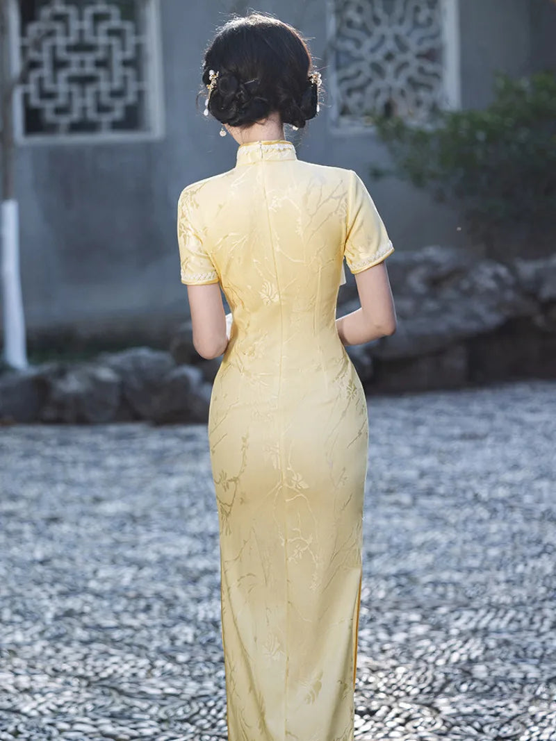 Yellow Qipao Dress with jacquard fabric and elegant slim fit design
