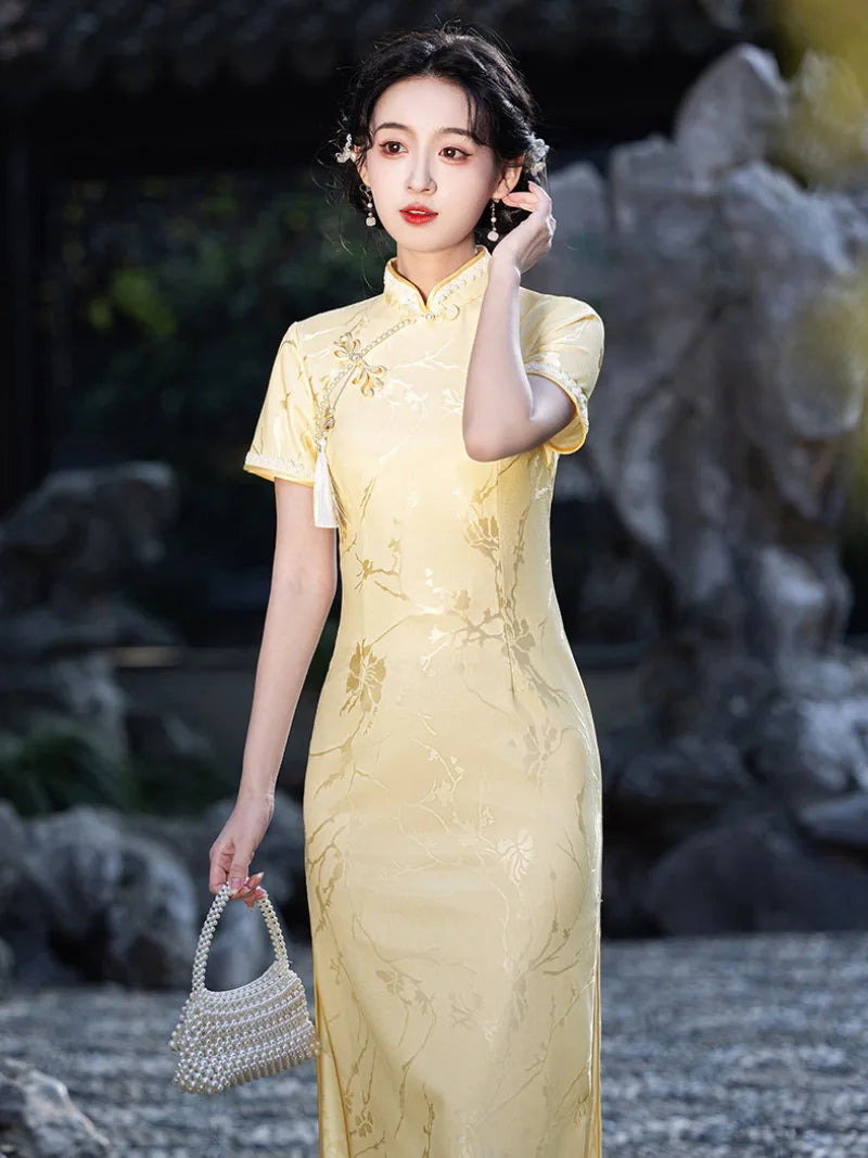 Yellow Qipao Dress with jacquard fabric and elegant slim fit design