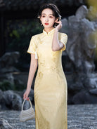 Yellow Qipao Dress with jacquard fabric and elegant slim fit design
