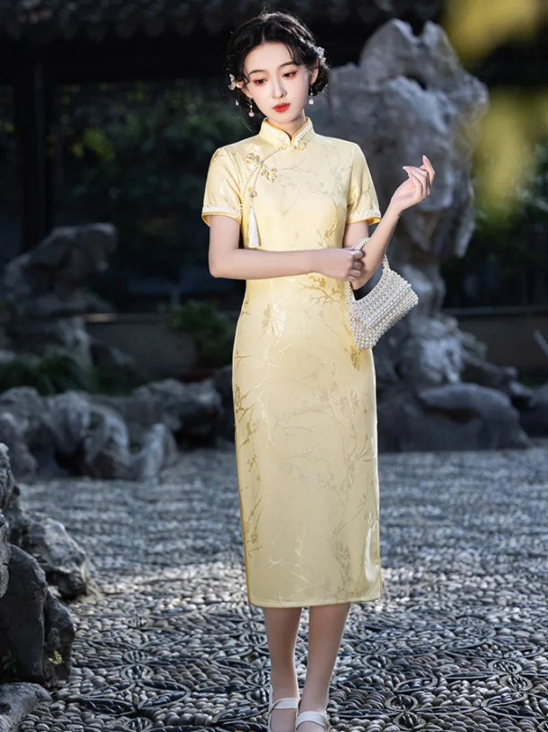 Yellow Qipao Dress with jacquard fabric and elegant slim fit design