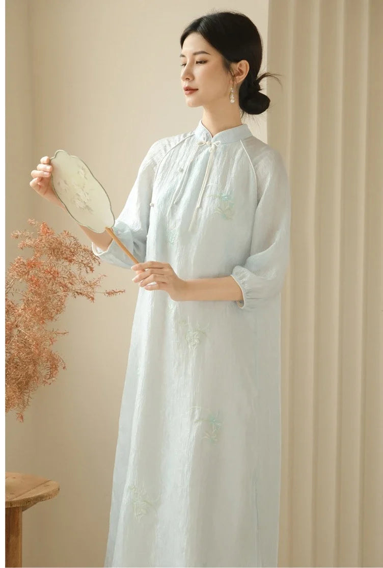 Zen-Inspired Light Blue Loose Cheongsam Qipao Dress