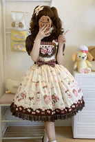 Chocolate Rosette Cat Print Bowknot Stitching Lace Sweet Lolita Jsk Dress 4 Colors