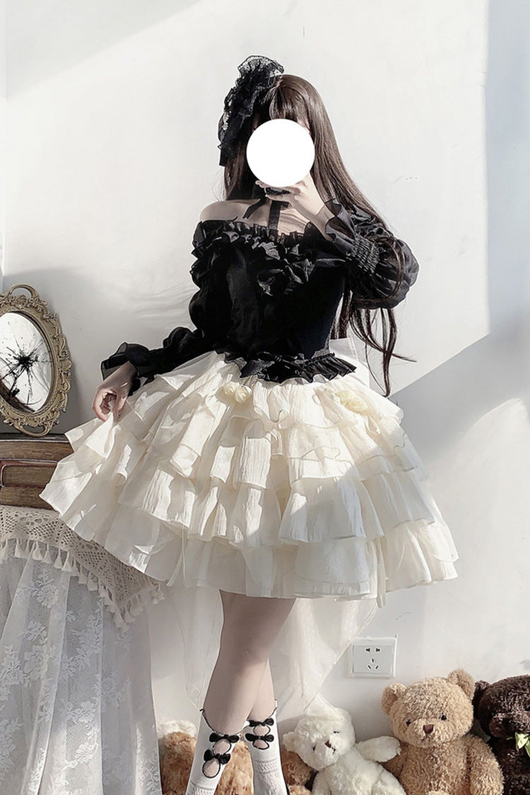 Black Top and Apricot Bowknot Sweet Princess Lolita Layered Skirt Dress