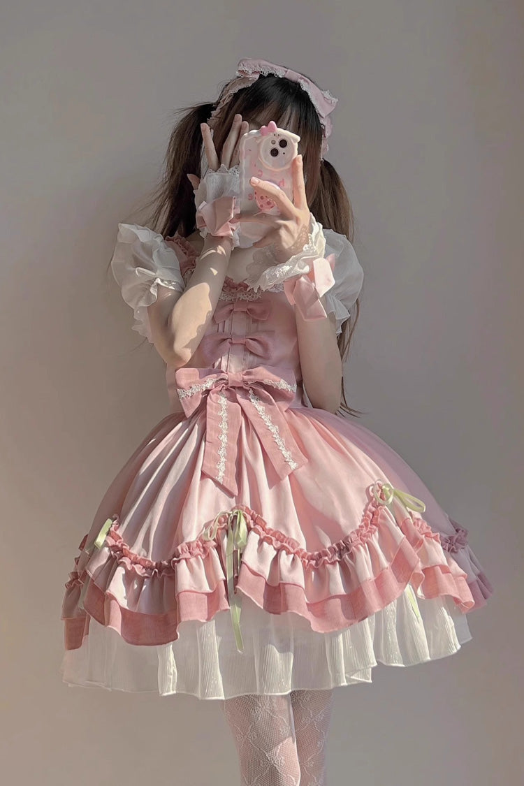 White/Pink Short Sleeves Ruffle Bowknot Princess Sweet Lolita OP Dress