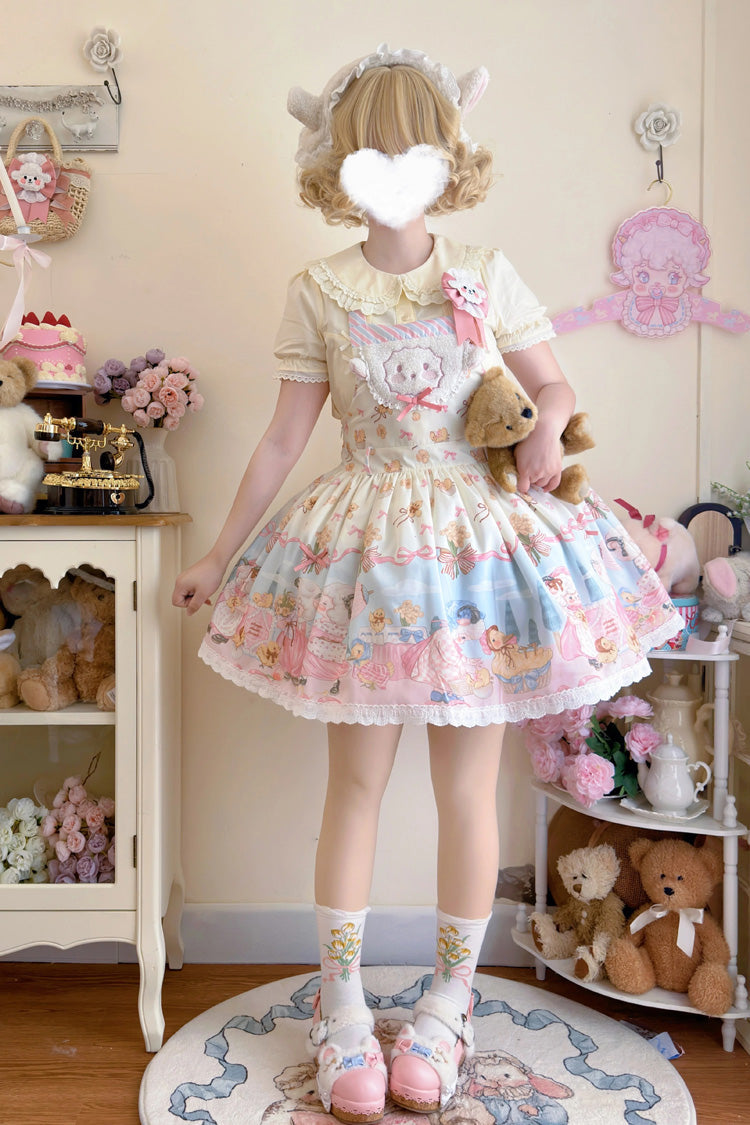 Blue/Pink Sheep Waltz Print Ruffle Bowknot Lace Sweet Lolita Strap Dress
