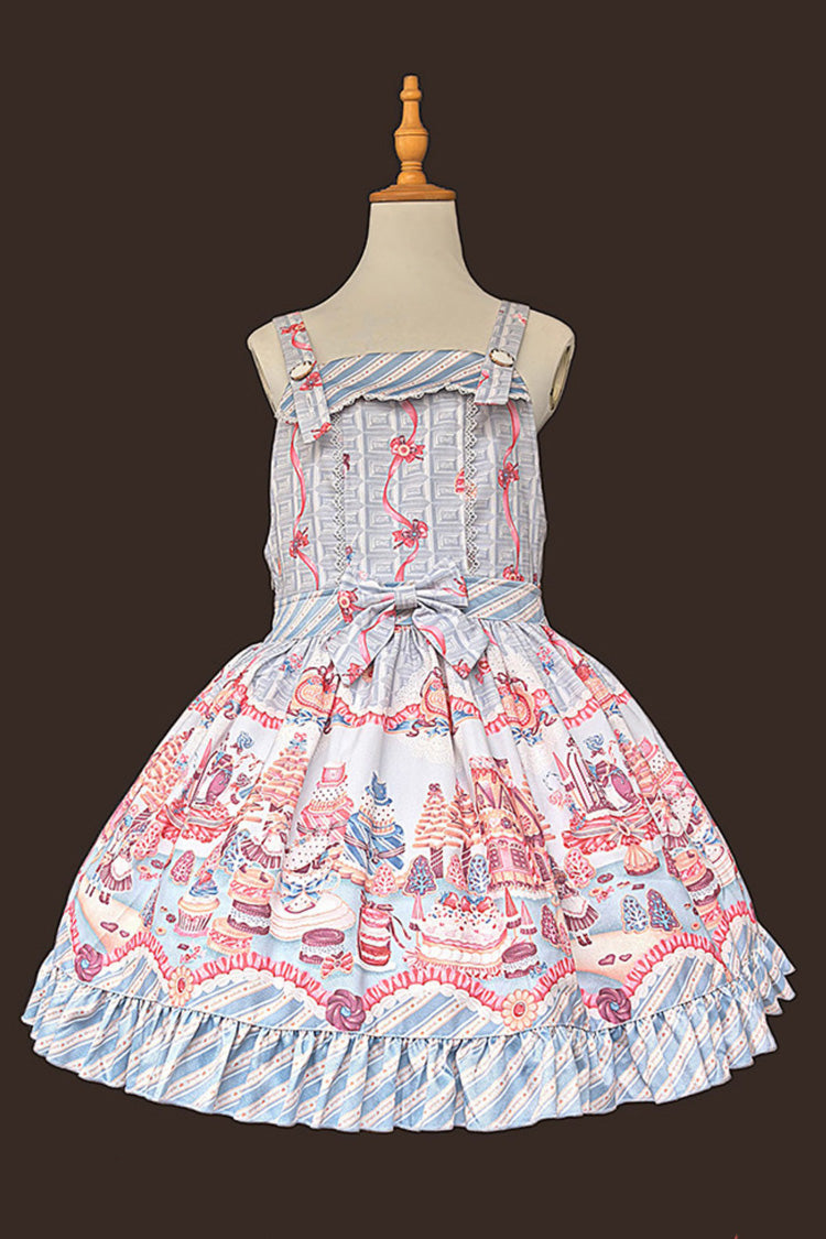 Blue [Candy House] Square Collar Sleeveless Printed Ruffled Bow Sweet Lolita Strap Dress