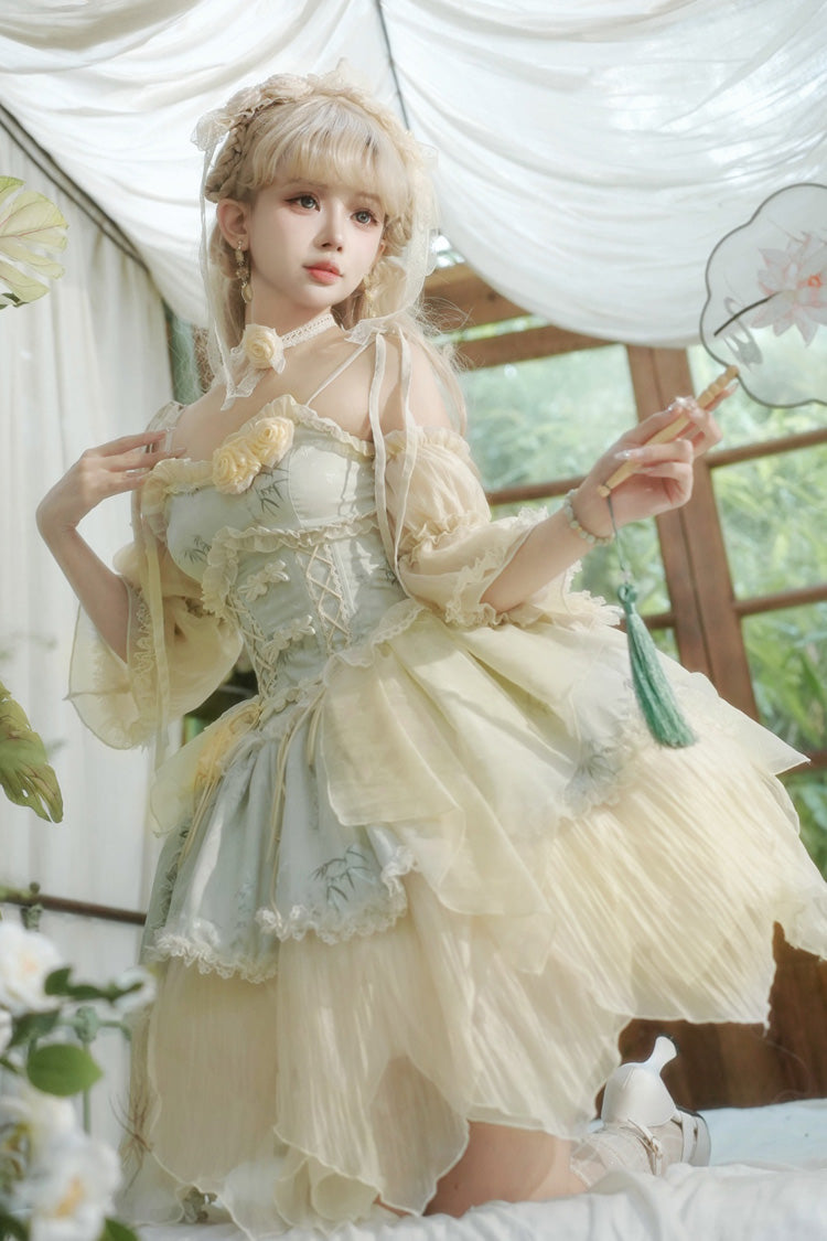 Green [Tea Bamboo Song] Sleeveless Jacquard Ruffle Bowknot Lace Irregular Sweet Chinese Style Ballet Lolita Jsk Dress Short Version Set