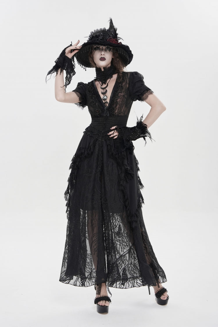 Black V Collar Short Sleeves Hanayome Lace Women's Gothic Wedding Dress