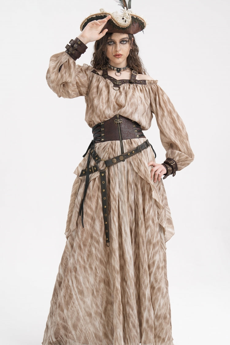 Apricot Buckle-up Halterneck Long Sleeves Women's Gothic Blouse