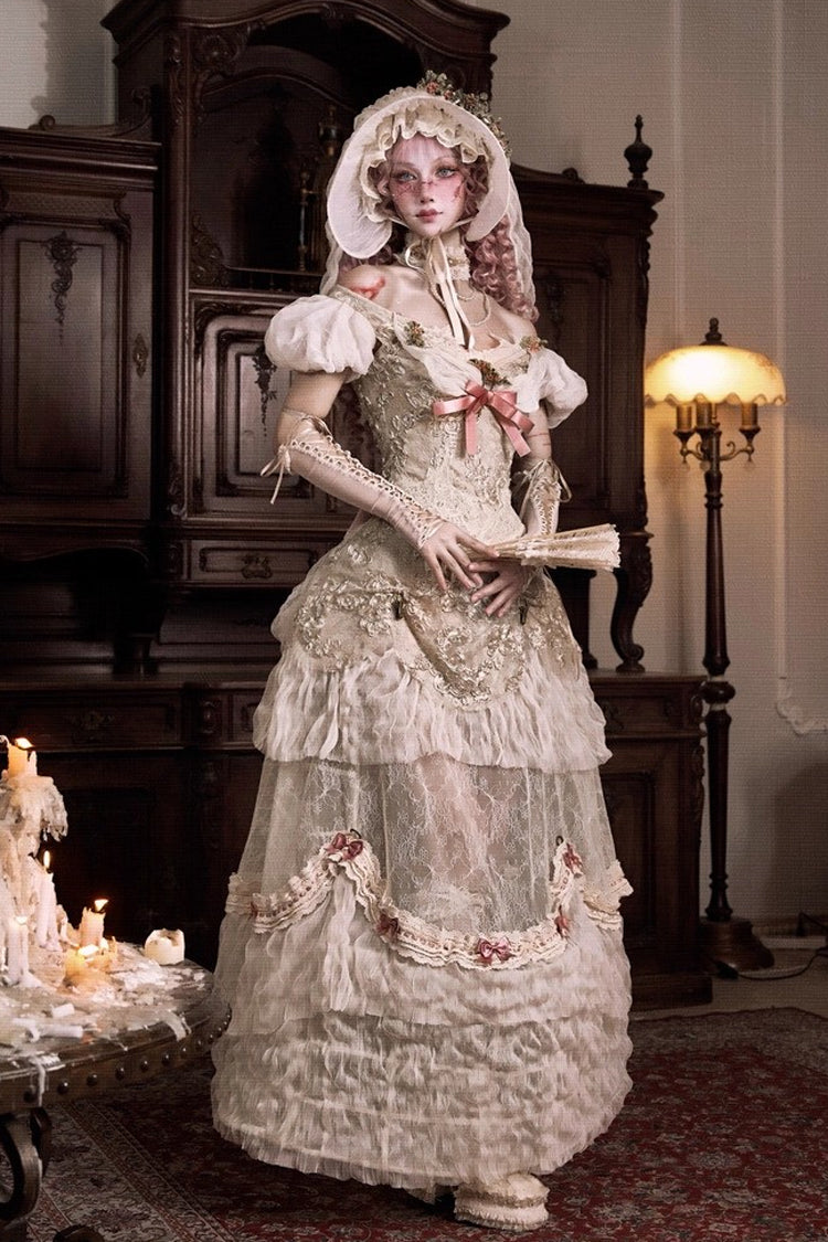 Light Brown [Cupid’s Poetry Box] Boat Neck Short Puff Sleeves Ruffled Cut-Out Embroidered Bow Lace Gothic Elegant Lolita Skirt Dress and Top Set