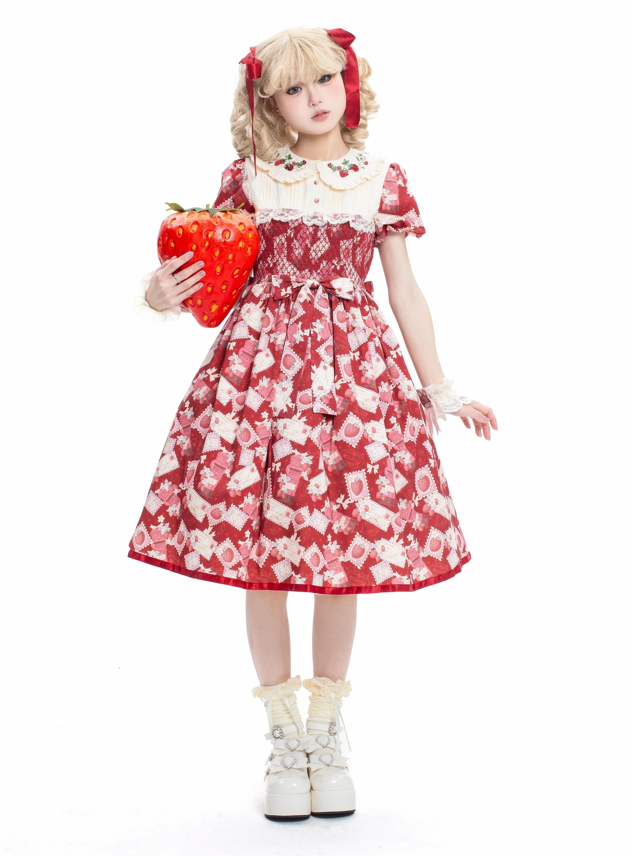 Kawaii Lolita OP Dress, Strawberry Print