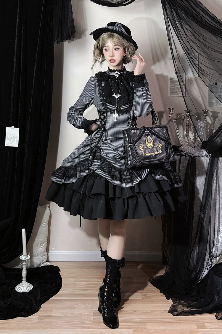 Black [Point Manor] Stand Collar Long Sleeves Multi-Layered Striped Printed Ruffled Lifted Hem Bow Gothic Lolita Dress