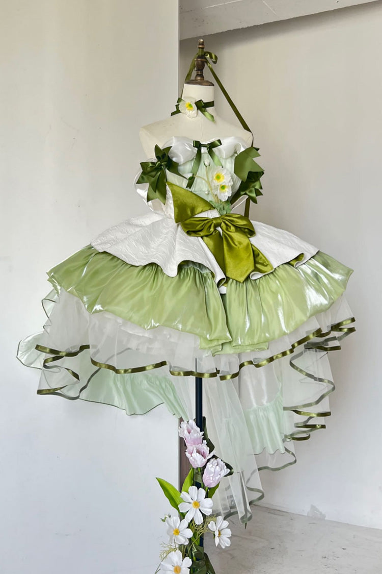 Green [Forest Princess] Off Shoulder Ruffled Bow Patchwork Sweet Lolita Dress