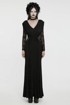 Black V Collar Long Sleeves Stitching Lace Women's Gothic Drawstring Honeymoon Dress