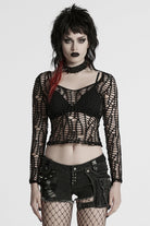 Black Long Sleeves Sheer Mesh Ripped Women's Punk T-Shirt