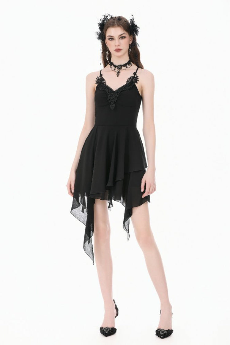 Black V Collar Lace Embroidered Asymmetric Women's Gothic Slip Dress