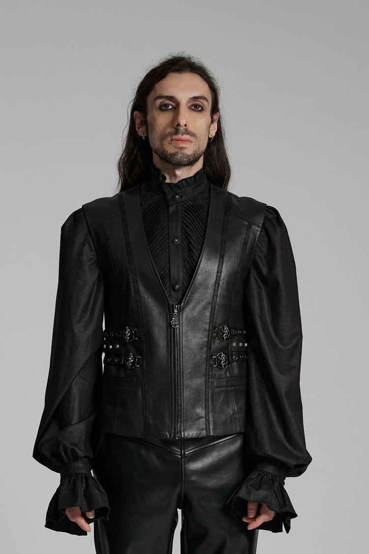 Black V Collar Sleeveless Buckle-up Zip Men's Gothic Vest