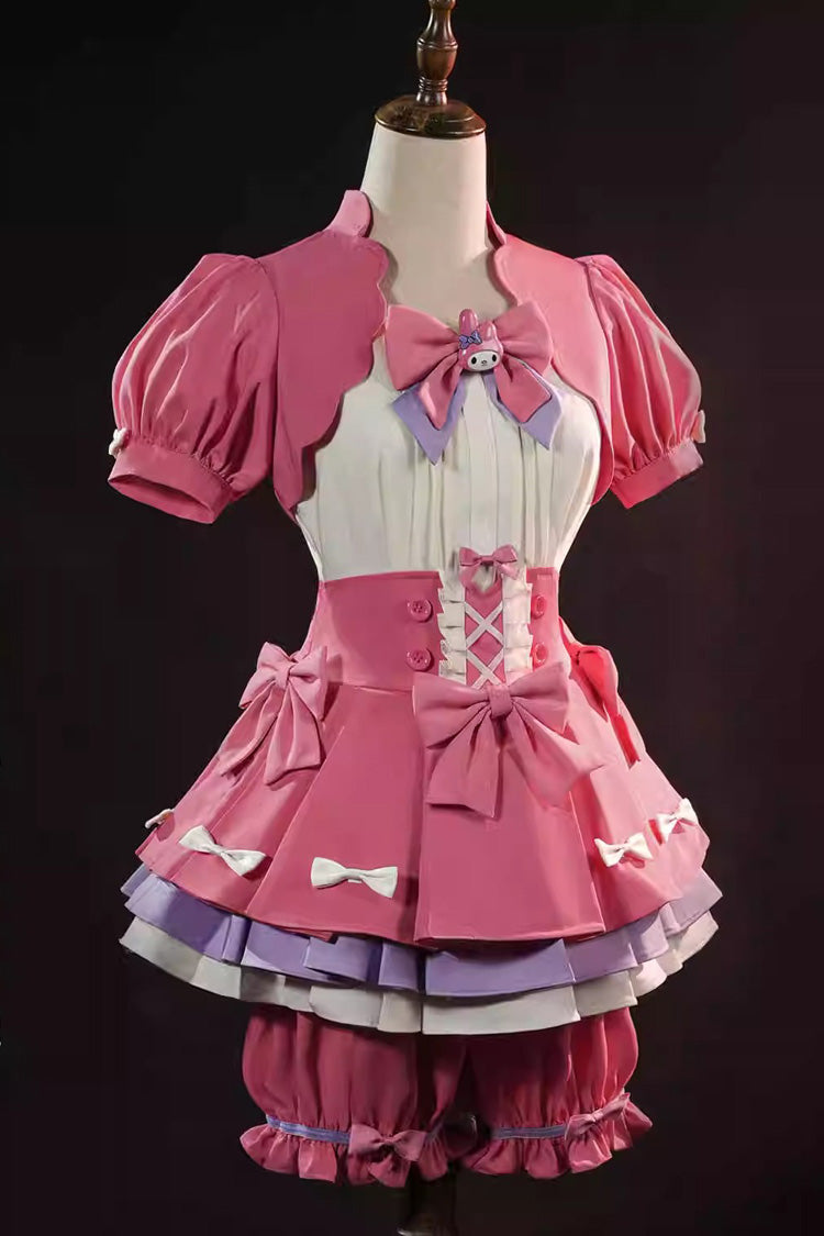 Pink [Identity V] Short Sleeves Ruffle Bowknot Lace-Up Sweet Ouji Lolita Dress Shorts Set