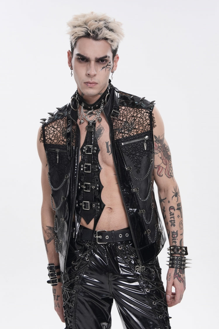Black Spliced Mesh Studded Buckled Zippered Chain-Decorated Eyelet Men's Punk Cool Vest