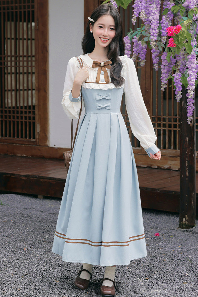 Light Blue Lapel Collar Long Sleeves Bow Spliced Faux Two-Piece Sweet College Style Lolita Dress