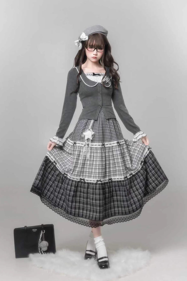 Grey [Star Candy] Square Collar Long Sleeves Printed Cut-Out Lace Faux Two-Piece Sweet Lolita Skirt Set