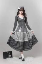 Grey [Star Candy] Square Collar Long Sleeves Printed Cut-Out Lace Faux Two-Piece Sweet Lolita Skirt Set