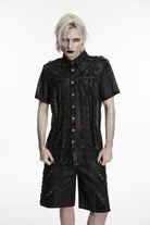 Black Lapel Collar Short Sleeves Spliced Lace-Up Sheer Mesh Eyelet Men's Punk Handsome Shirt