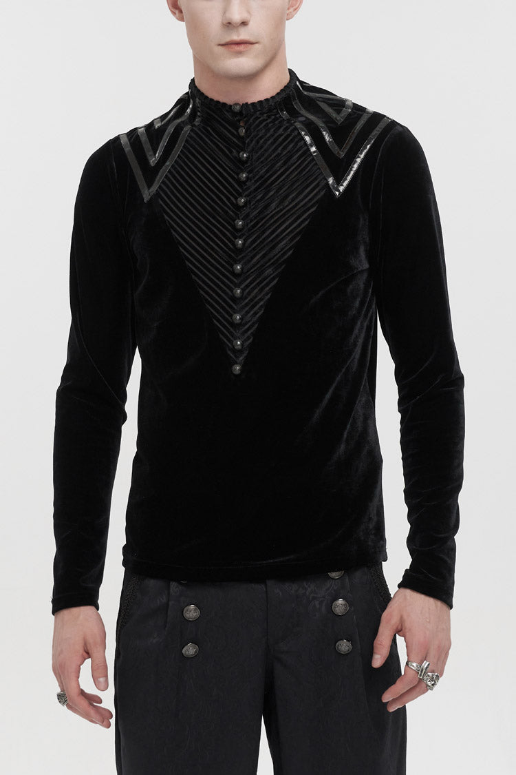 Black Round Collar Long Sleeves Stripes Splice Velvet Men's Gothic Shirt