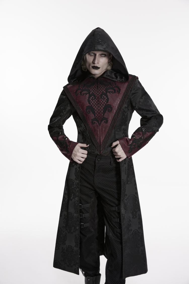 Black/Red Long Sleeves Jacquard Embroidered Spliced Lace Hooded Color-Blocked Men's Punk Cool Coat