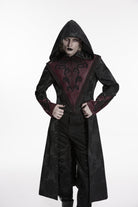 Black/Red Long Sleeves Jacquard Embroidered Spliced Lace Hooded Color-Blocked Men's Punk Cool Coat