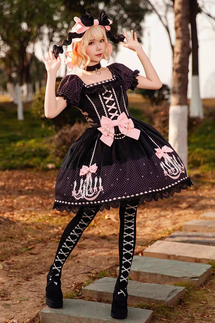 Chandelier Printed Sweet Short Sleeves Bow Lace-Up Pearl-Decorated Lolita Dress 4 Colors
