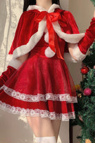 Red [Christmas and New Year] Double-Layered Ruffle Bowknot Lace Sweet Japanese Lolita Strapless Dress