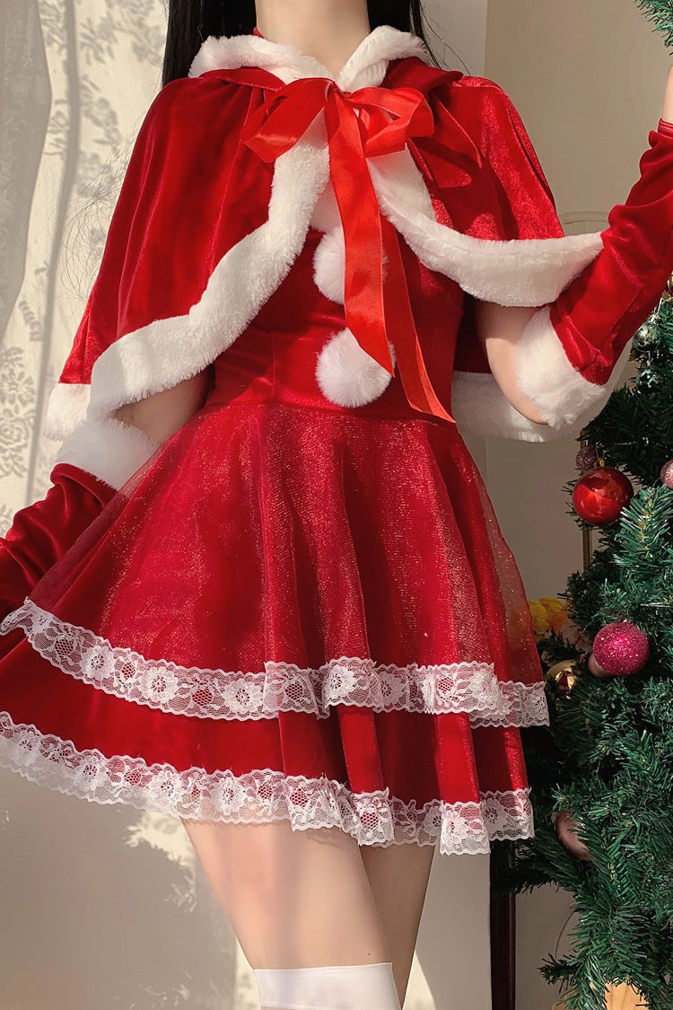 Red [Christmas and New Year] Double-Layered Ruffle Bowknot Lace Sweet Japanese Lolita Strapless Dress