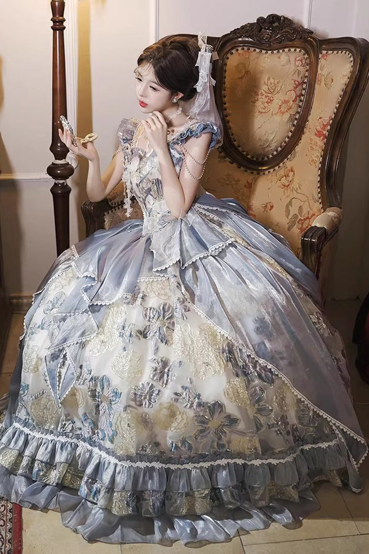 Blue [Jacaranda] Off Shoulder Short Sleeves Printed Ruffled Embroidered Bow Lace-Up Sweet Elegant Princess Lolita Dress