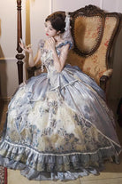 Blue [Jacaranda] Off Shoulder Short Sleeves Printed Ruffled Embroidered Bow Lace-Up Sweet Elegant Princess Lolita Dress