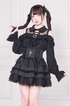 Jirai Kei Off Shoulder Long Sleeves Print Bowknot Lace-Up Sweet Japanese Blouse 3 Colors